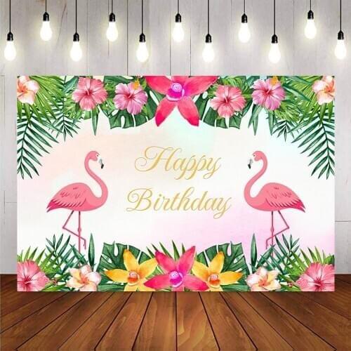 Happy birthday summer backdrop for photography flamingo party decoration background for photo booth studio safari jungle forest