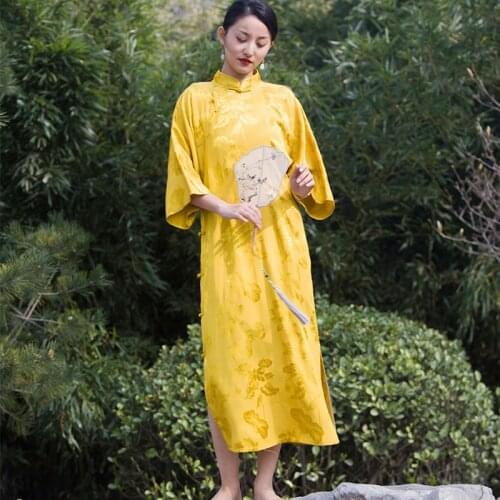 Johnature Women Yellow Chinese Style Jacquard Dresses High Quality Robes Three Quarter Sleeve 2021 Spring Vintage Dress