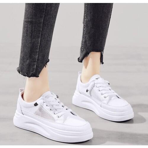 Summer mesh breathable board shoes women lace-up lightweight white shoes female casual shoes PU Leather solid color run sneakers