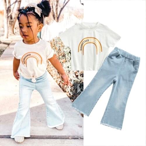 Fashion Summer Girls Clothes Letter Rainbow Print Round Neck Short Sleeve Tops+ Flared Jeans Childrens Sets for 2-7 Years