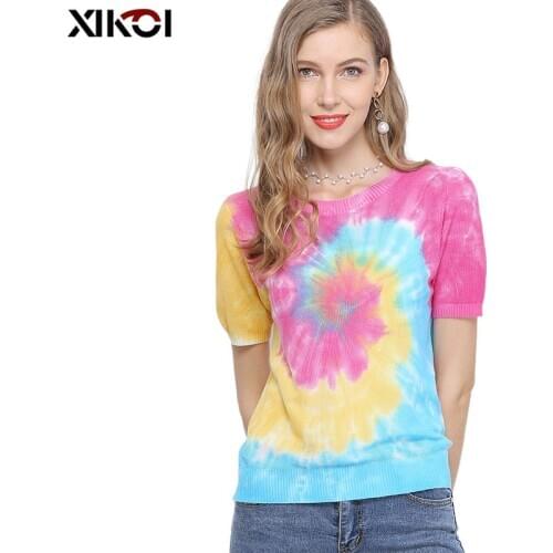 XIKOI Autumn Women Oversized T-Shirts Short Sleeves O-neck Summer Short Casual Fashion Colorful Female Knitting Sweater Tops Tee
