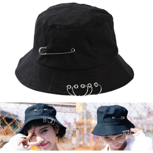 1PC Unisex Women Men Bucket Hat Pin Rings Sunhat Caps Folding Fishing Hat Summer Autumn Fashion Solid Color