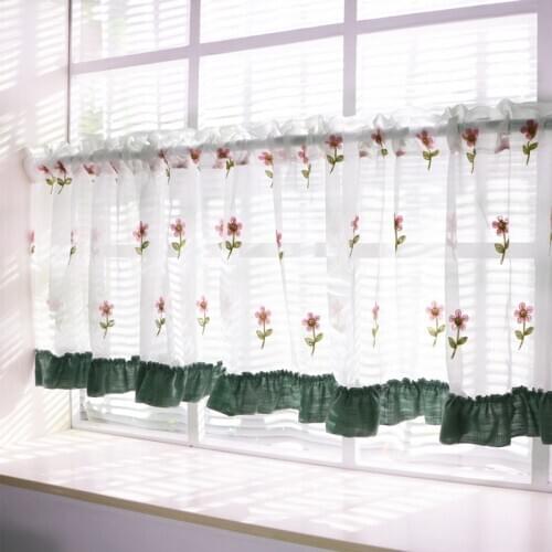 Pastoral Embroidery Half Curtain Flower Kitchen Sink Cabinet Curtain Gauze Panels Home Graden Bay Window Decor Curtain DL021-40