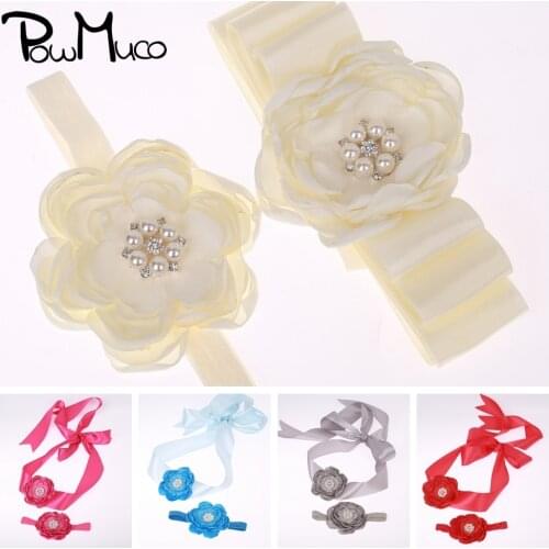 Powmuco Solid Color Burning Satin Flowers Belt and Hairband Set Shining Pearls Rhinestone Floral Women Sash Maternity Waistband