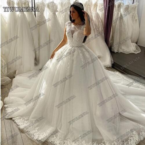 YIWUMENSA Luxury Shiny Boho Wedding Dress Applique Lace Bead Short Sleeve Ball Gown Bridal Gown For Lady Cathedral Train Dresses