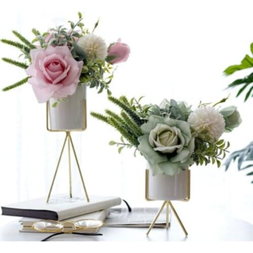 Nordic simulation flower set ceramic golden vase rose wedding holding decorative materials simulation flowers