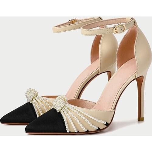Summer stiletto high-heeled large size small size pearl color matching bridal wedding shoes low-heeled party dress female sandal