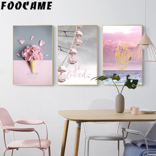 Ferris Wheel Sea Flower Nordic Poster Art Print Canvas Painting Landscape Pink Home Decoration Wall Pictures Living Room