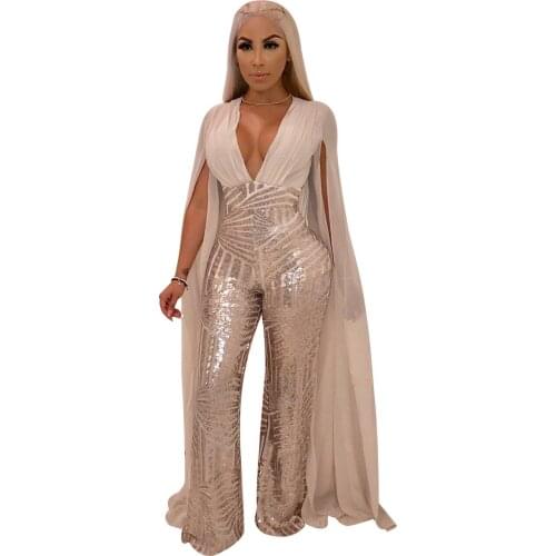 Womens Jumpsuits Sequined Spliced Sexy Straight Deep V Neck Long Sleeve Split Romper Backless Party Club Overalls for Women