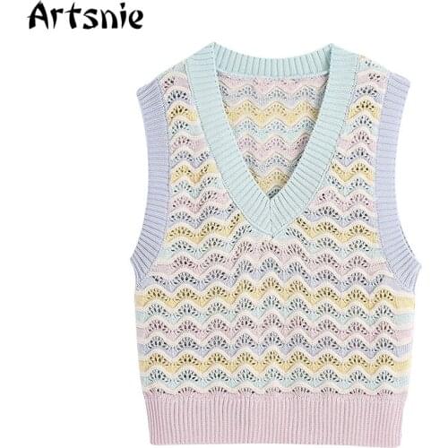 Artsnie Hollow Out Sweater Vest Women Summer 2021 V Neck Sleeveless Slim Vest Vintage Casual Purple Ladies Sweater Vest Femme