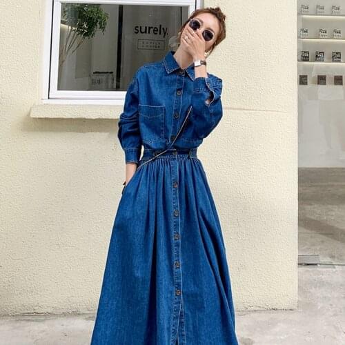 Long Sleeve Denim Women Dress 2021 Spring autumn Fashion Korean Style Maxi Ankle-Length Jeans Ladies Clothes Luxury Outwear