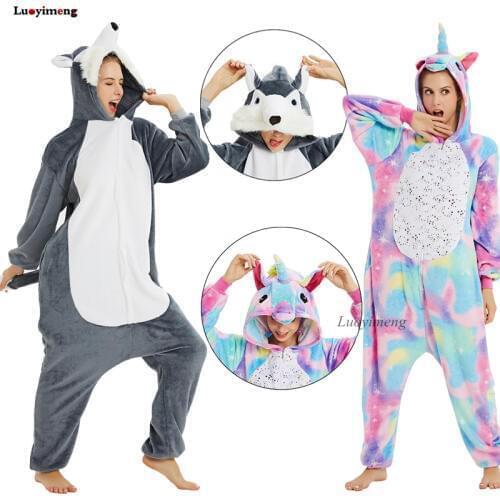 Winter Unisex Flannel Stitch Pajamas Unicornio Sleepwear Kugurumi Adults Animal Panda Unicorn Pyjama Women Cartoon Hooded Pijama