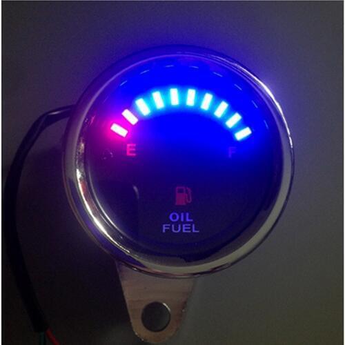 12V Chrome Motorcycle Motorbike Fuel/Oil Level Gauge Red Blue LED Indicator Waterproof