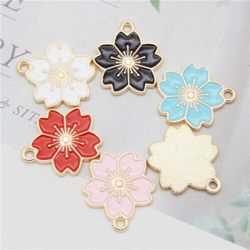 Julie Wang 5PCS Enamel Flowers Charms Cherry Blossoms Sakura Pendants Alloy Gold Tone Jewelry Making Accessory 5 Colors