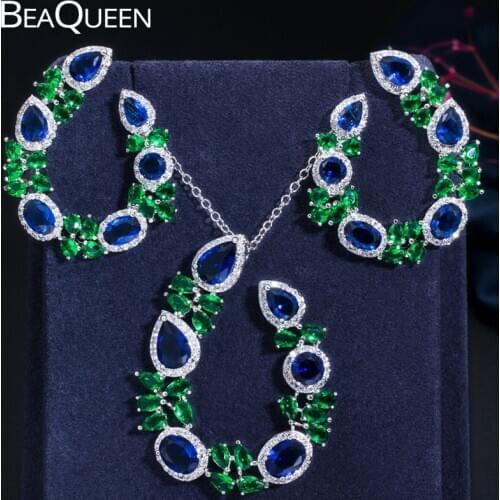 BeaQueen Brazilian 2 Pcs Big Blue Green Earrings Pendant Necklace Jewelry Sets for Women CZ Crystal Party Jewellery Gift JS226