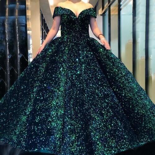 Sparkly Green Evening Dresses 2020 Sweetheart Sequin Off Shoulder Ball Gown Formal Dress Long Banquet Custom Made Prom Gowns