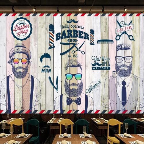 Photo Wallpaper Retro Trend Barbershop Background Wall Murals 3D Wooden Board Hand-painted Figure Wall Painting Papel De Parede