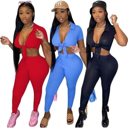 Summer Women Knitted Two Piece Set Solid Short Sleeve Turn Down Collar Deep V Neck Bandage Crop Top+Long Casual Jogger S-XXL