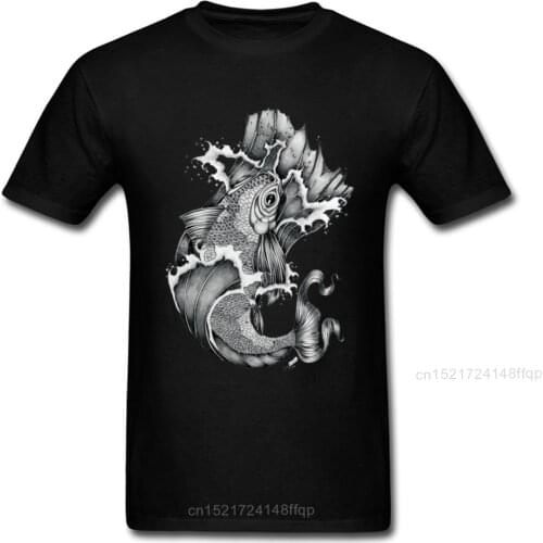 Koi Tattoo Style Art T-shirt Men Black T Shirt Carp Tops Lucky Fish Tshirt Anime Clothing Summer Mens Cotton Tee Shirts