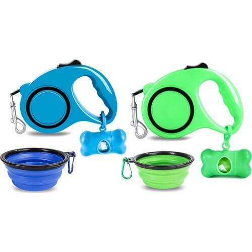 Pet Products Sets Folding Dog Cat Bowl And Puppy Kitten Poop Bag Dispenser Pet Walking Leash For Dogs Cats