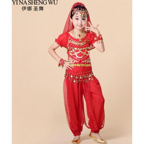 New Children Belly Dance Costumes 5pcs Set (Top+Pants+Waist chain+Bracelet+Headdress) Kids India Belly Dance Bollywood Costumes