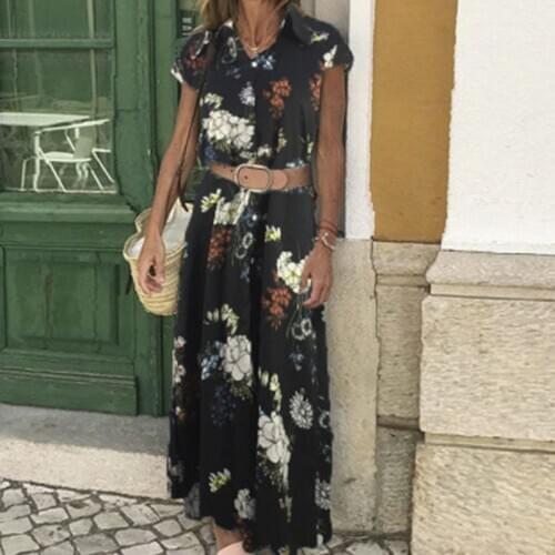 Summer Short Sleeve V-neck Shirt Dresses Women Floral Print Long Dress Ladies Office Maxi Dress Party Dresses Vestidos