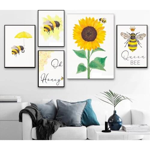 Sunflower Bee Queen Scandinavian Style Flower Poster Decorative Pictures Modern Wall Art Paintings for Living Room Home Decor
