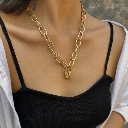 Lock Pendants Punk Necklaces for Women Gold Color Hollow Pendant Chain Personality Female Gothic Neck Jewelry