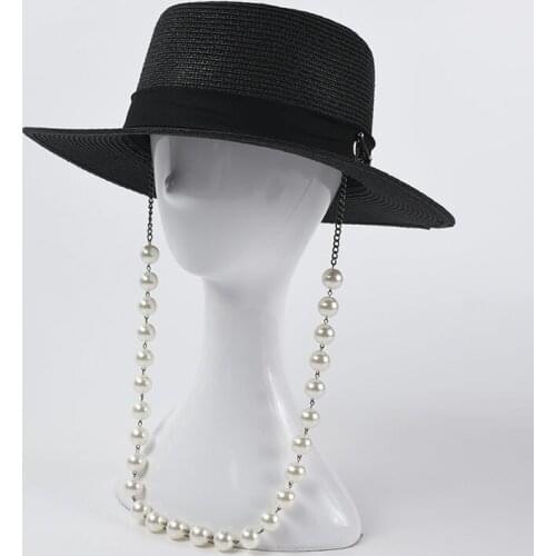 INS Women Sun Hats Pearl Chain Wide Side Straw Hats Summer Visor Caps Luxury Straw Sun Hats Gorros