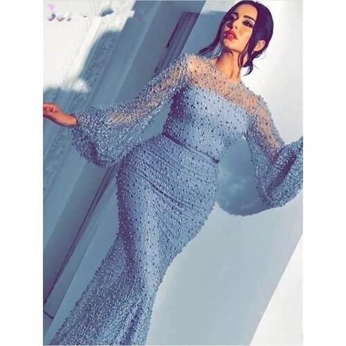 Blue Mermaid Prom Dress Long Sleeves O-neck Simple Design Sweep Train vestidos Custom Made Evening Dress