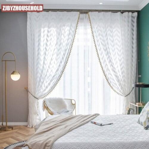 Modern Geometric White Sheer Curtains for Living Room Waves Window Tulle Curtain Bedroom Voile Tassels Pompom Blind Custom Panel