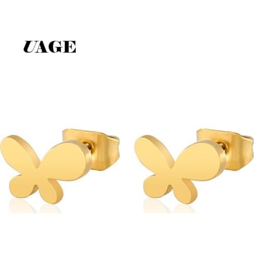 UAGE Romantic Butterfly Earrings for Women Tiny Smooth Gold Black Silver Color Butterfly Stainless Steel Cartoon Stud Earrings