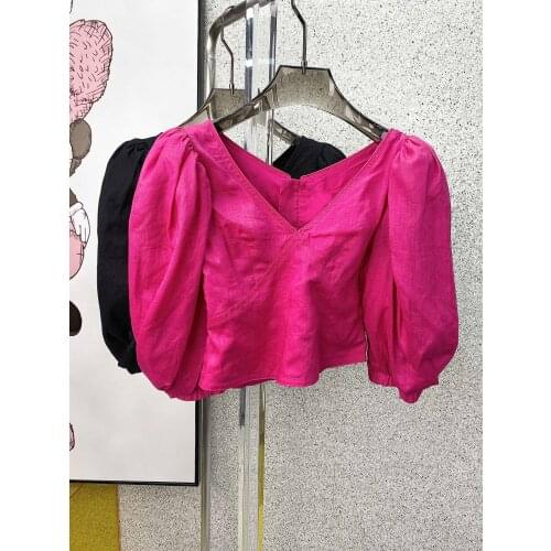 2021 Back zipper Ramie Cotton Cropped Top V-neck Puff Shoulder 3/4 Sleeves Fashion Blouse