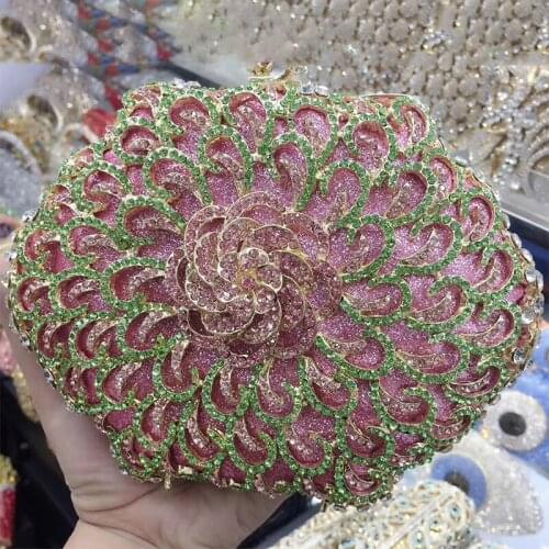 Green/Pink Rhinestone Diamond Flower Evening Clutches Bags Women Wedding Party Handbag Crystal Lady Shoulder Chain Minaudiere