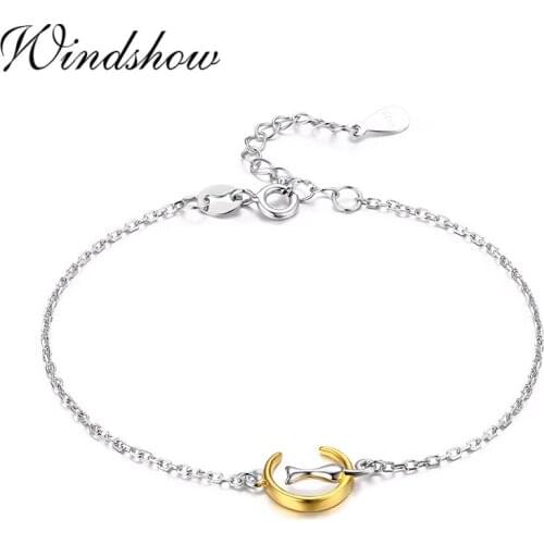 Cute 925 Sterling SIlver Chain Moon Cat Gatos Charm Bracelets For Women Girls Jewery Bracciali Donna Brazaletes Pulseras Mujer