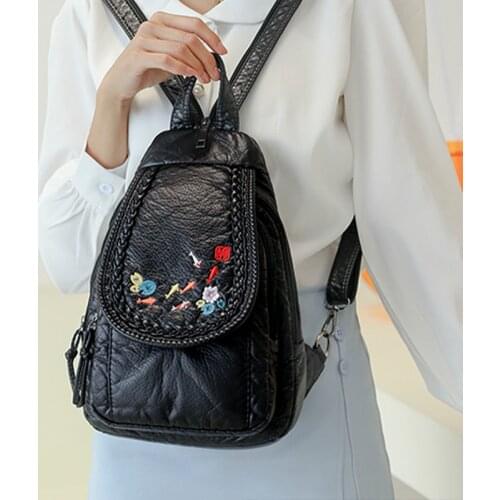 PU Woman Shoulder Bag Backpack Casual Ladies Leather Travel Rucksack Female Mini Bagpack Embroidered Bag Womens Stylish Bag Sac