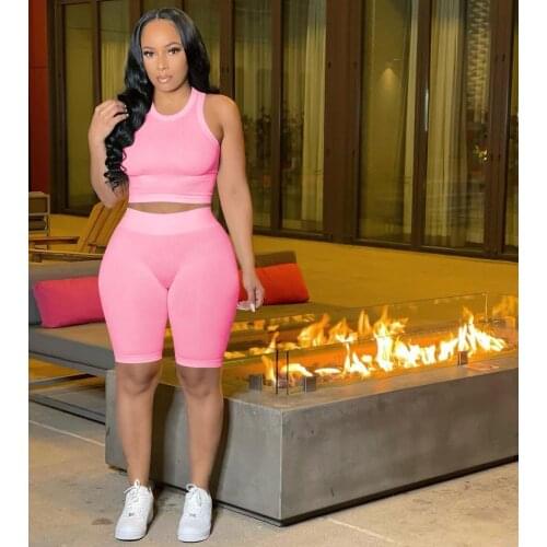 Casual Two Piece Set Women Summer Sexy Fitness Knitted Rib Sleeveless Tank Crop Top + Biker Shorts Tracksuit Women Outfits