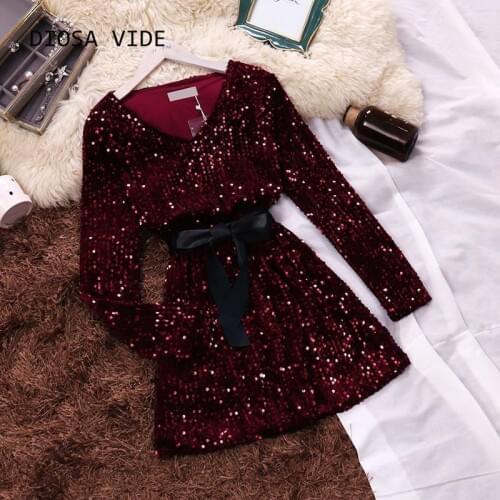 Celebrity temperament V-neck long-sleeved waist wild sequined velvet bag hip dress female 2020 spring and summer new
