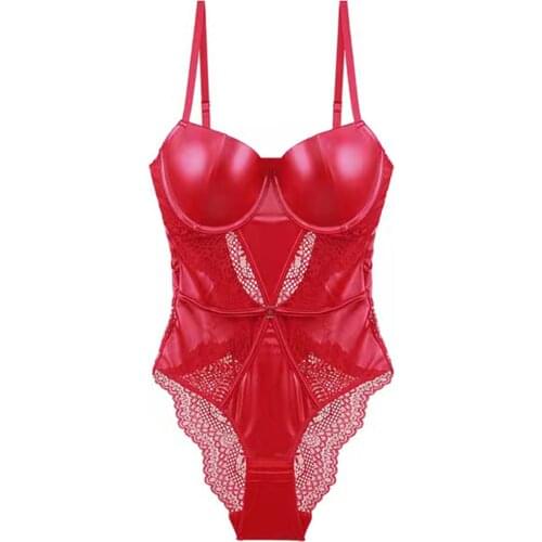 Sexy lace motorcycle leather gather bra set one-piece ladies erotic underwear push up womens bodysuit lingerie