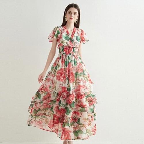 Summer Runway Floral Maxi Dress Women Bohemia Flower Print V-Neck Butterfly Sleeve Elastic Waist Cascading Ruffles Long Dress