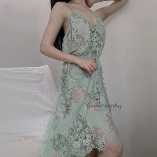 Winter Nightgown Women Sleepwear Fairy Split Slip Nightdress Floral Lace Low-Cut Deep V Backless Lingerie Spaghetti Strap Dress