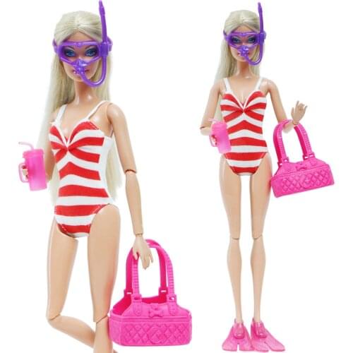 1 Set Stripe Doll Swimsuit Diving Glasses Drinking Cup Handbag Summer Beach Swimwear Clothes for Barbie Doll Accessories Toys
