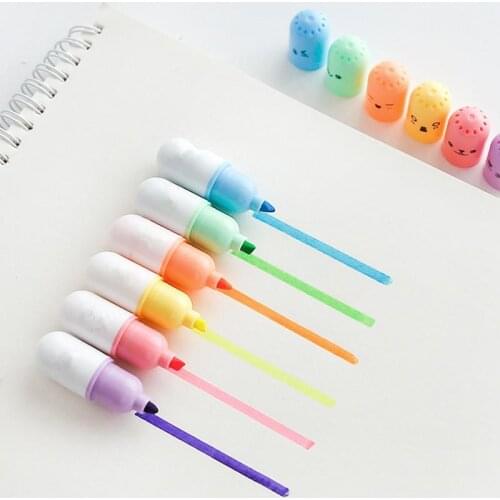 6 Pcs/lot Capsules Highlighter Vitamin Pill Highlight Marker Color Pens Stationery Office School Base For Markers Mildliner FL