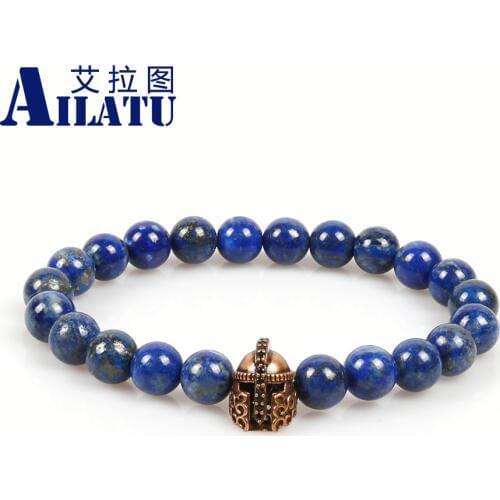 Ailatu Powerful Micro Pave Cz Spartan Helmet Charm with 8mm Natural Not Fade Lapis Lazuli Stone Beads Men Bracelets Jewelry
