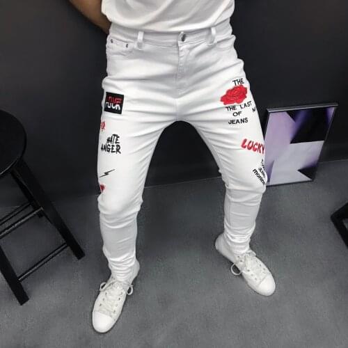 White Jeans Men Stretch Slim Fit Letter Funny Jeans Denim Pants 2021 Party Casual Street Fashion Rose Embroidery Jeans For Men