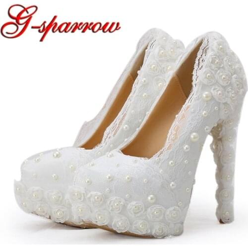 White Lace Wedding Shoes Rose Flower High Heel Platform Bridesmaid Shoes Round Toe Woman Fashion Pumps Handmade Plus Size 45