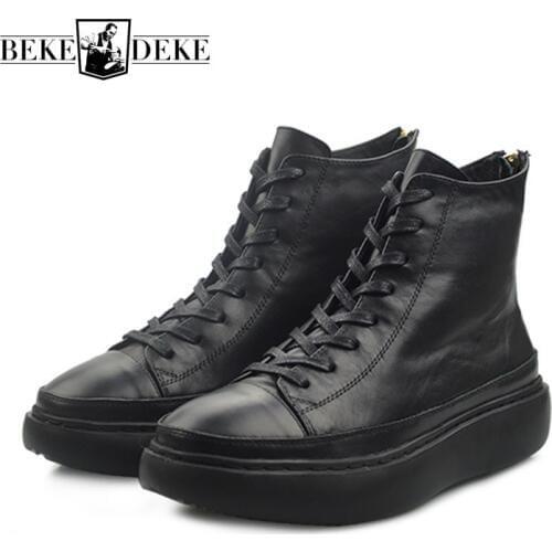 2020 New High Top Mens Platform Shoes Zip Genuine Leather Boots Med Heels Hip Hop Lace Up Punk Trainers Bikers Ankle Boot
