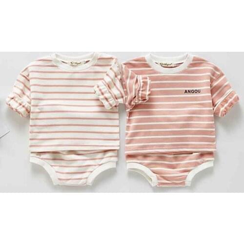 Korean Version of The Baby Suit Long-Sleeved Striped Top and Short Two-Piece Suit Baby Girl Clothes