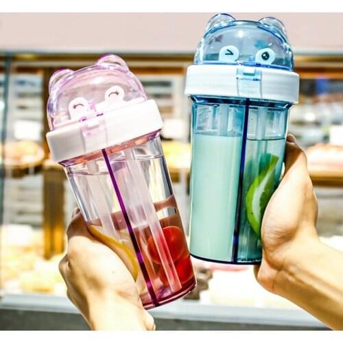 Douding Double Drink Cup Cat Ear Dual-purpose Straw Cup Childrens Plastic Kettle Net Red Student Couple Water Bottle Gift