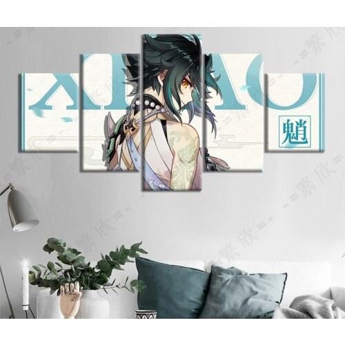 5pcs Gaming Home Decor Genshin Impact Video Game Oil Painting Canvas Xiao Anime Poster Living Room Decoration Wall Painting